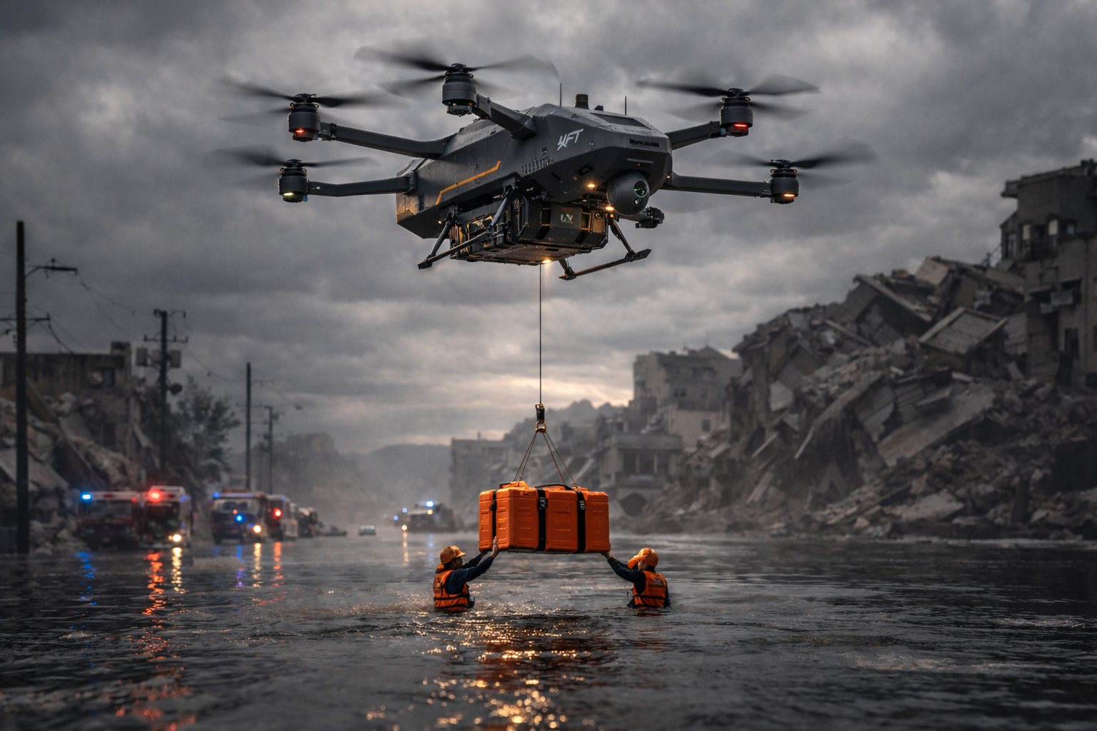 HERCULES-M autonomous VTOL delivering emergency supplies to flood disaster zone