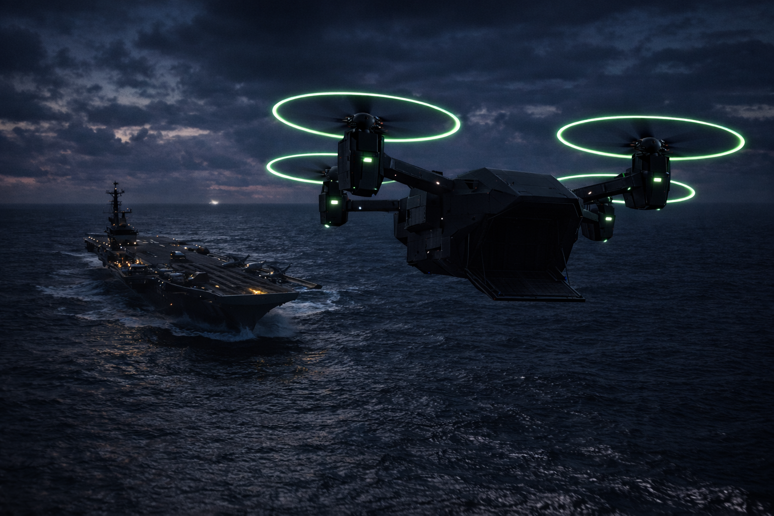 HERCULES-H heavy autonomous VTOL operating from carrier deck at night