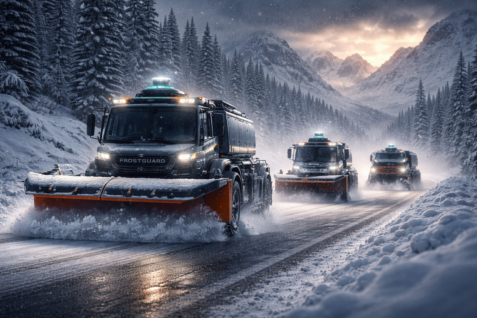FrostGuard autonomous snow removal convoy clearing mountain highway