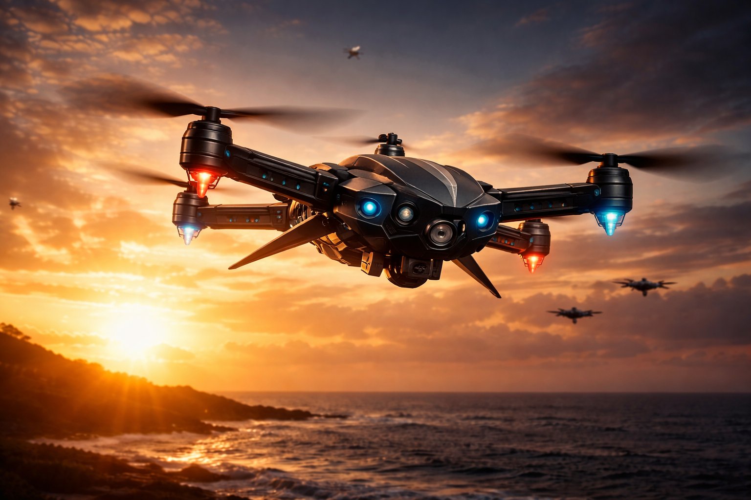 ICARUS Scout autonomous quadcopter at sunset over coastal waters
